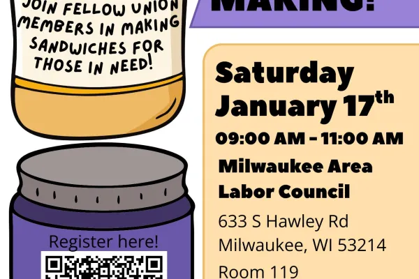 Flyer for sandwich making event on January 17th, 2026.
