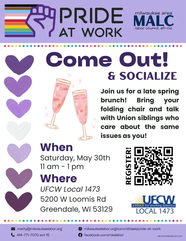 Flyer for May 30th Pride @ Work social located at UFCW 1473.