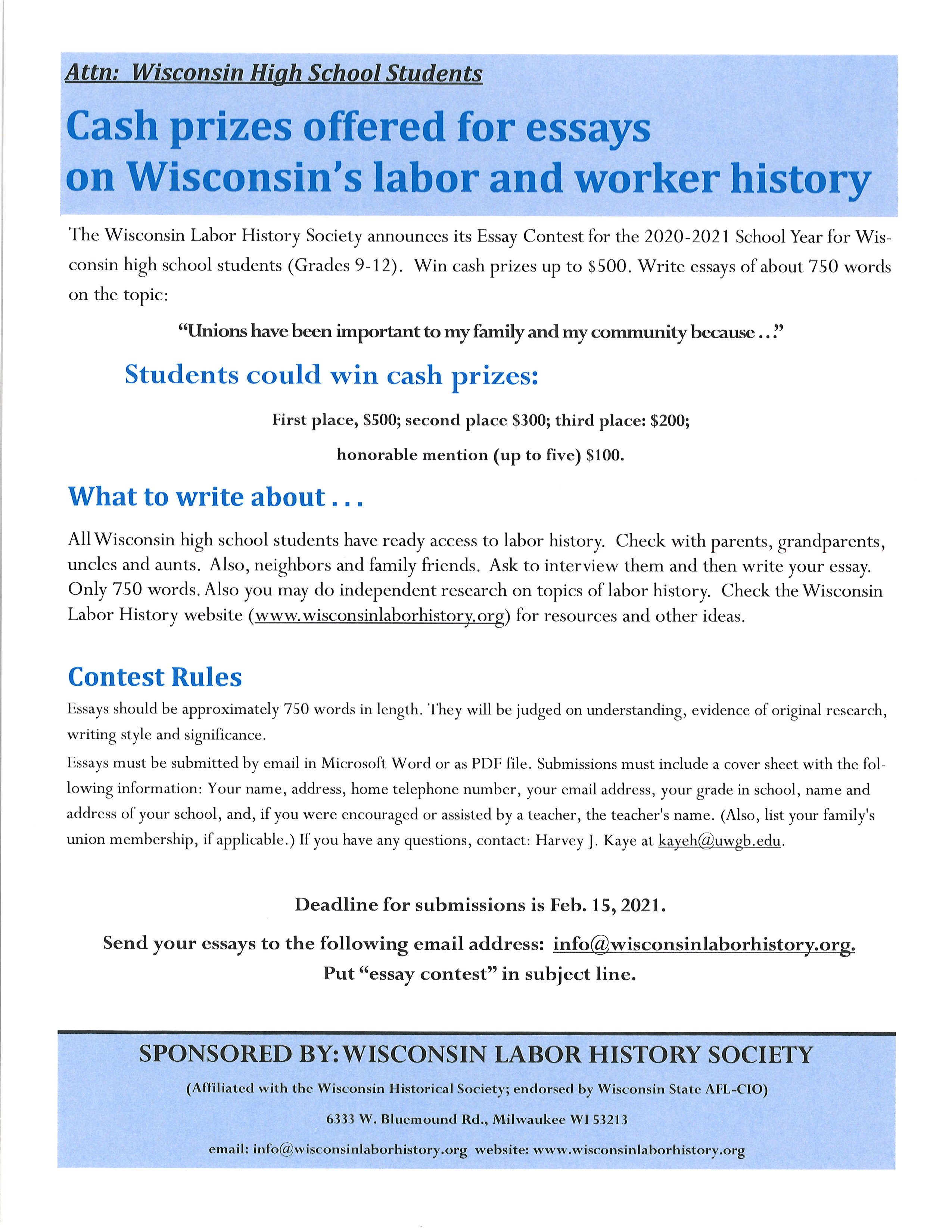 Wisconsin Labor History Society Essay Contest