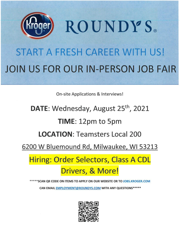 Roundy’s/Kroger Job Fair- August 25th
