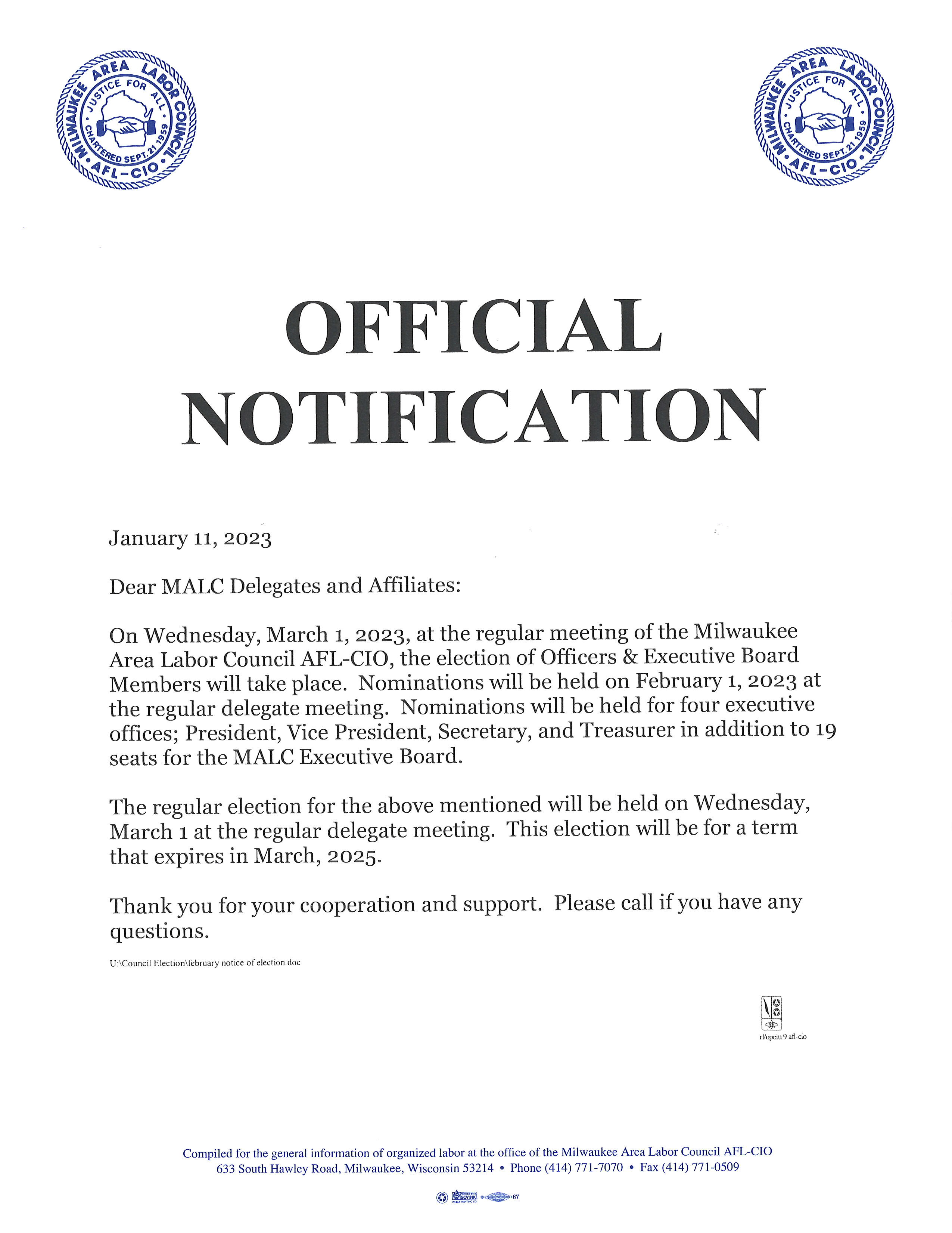 Official Notification- MALC Elections